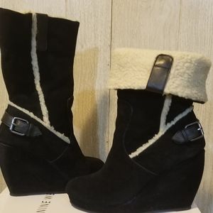 Black Shearling Nine West Wedge Boots